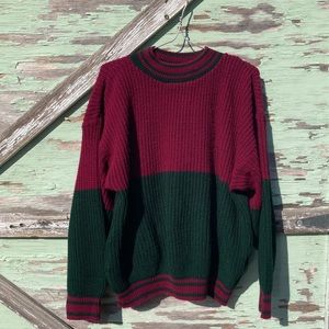Vintage Colorblock Sweater Varsity Stripe Chunky Knit Forest Green Magenta